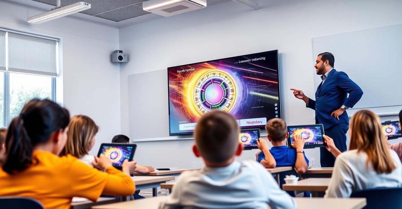 EDXIS Android tablets mirrored to an EDXIS interactive display with a ceiling projector extending content in a modern classroom