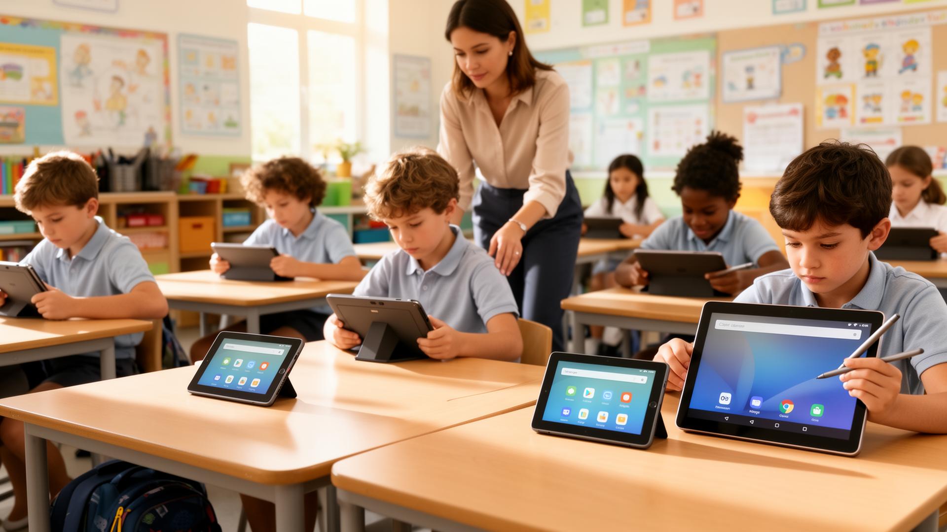 Primary classroom with students learning on EDXIS Android tablets across entry, LED, and premium tiers