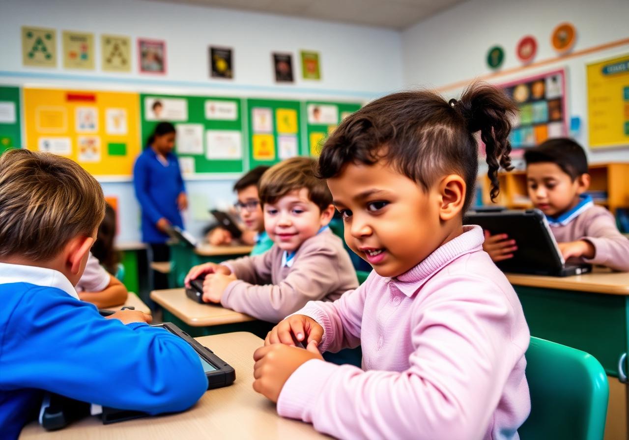 Young primary students in a colourful classroom using EDXIS entry-tier Android tablets in rugged cases