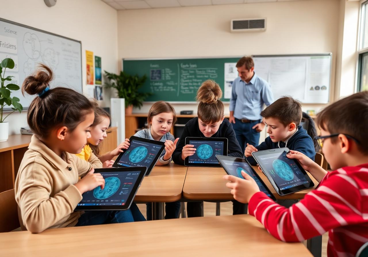Middle-school students collaborating around EDXIS LED-tier Android tablets showing science content