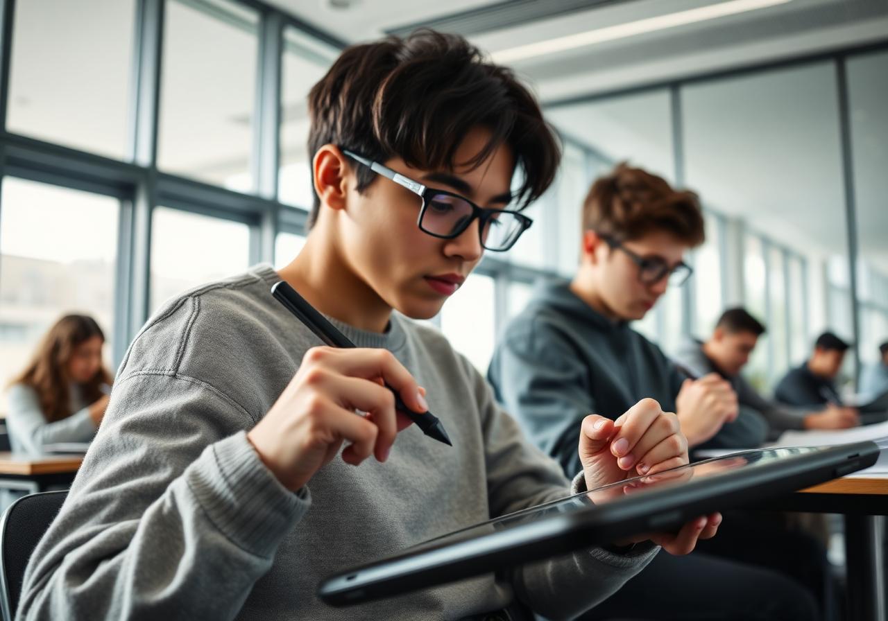 Upper-secondary student annotating on an EDXIS premium-tier Android tablet with a stylus in a modern classroom