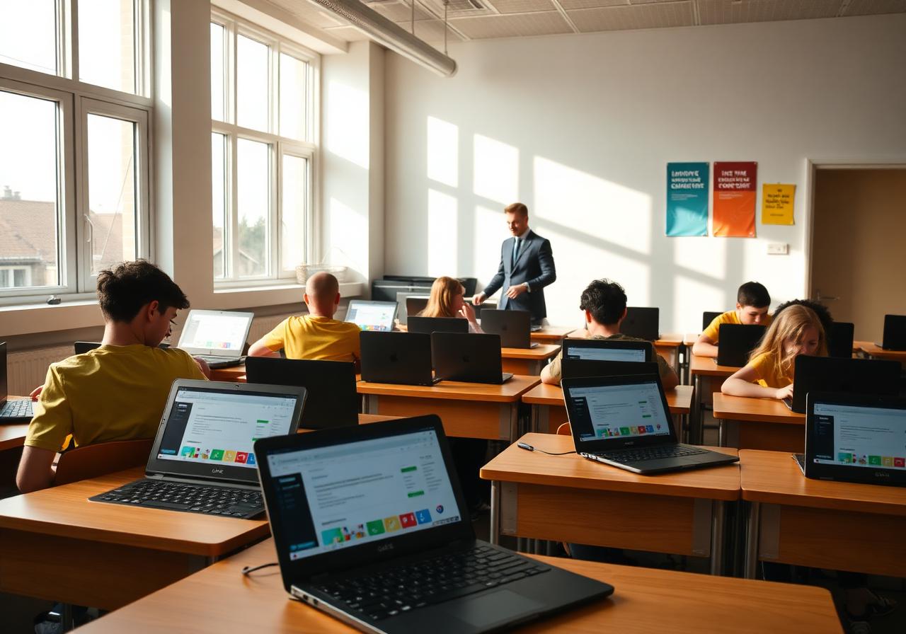 Middle-school classroom with students working individually on EDXIS Chromebooks using Google Classroom