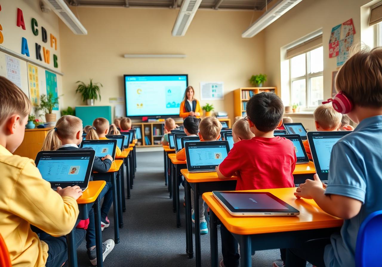 Primary students using EDXIS Chromebooks at their desks during a guided lesson with a teacher at an interactive display