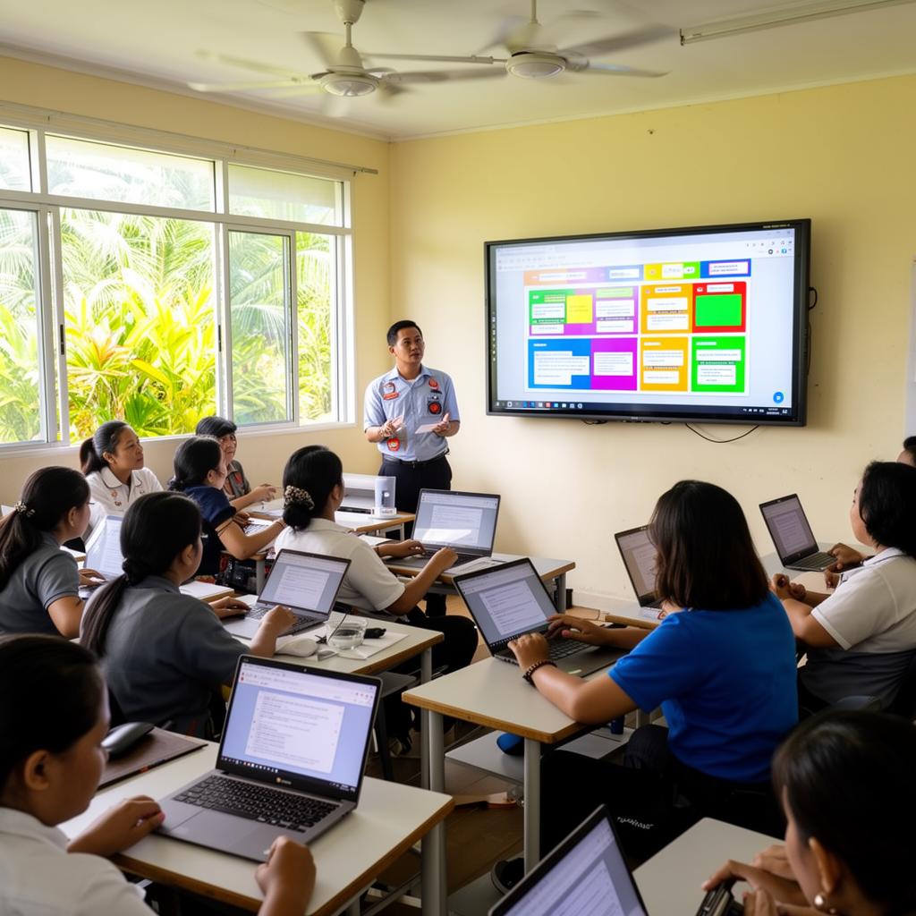 Filipino teachers in a professional development session using Chromebooks and an interactive flat panel