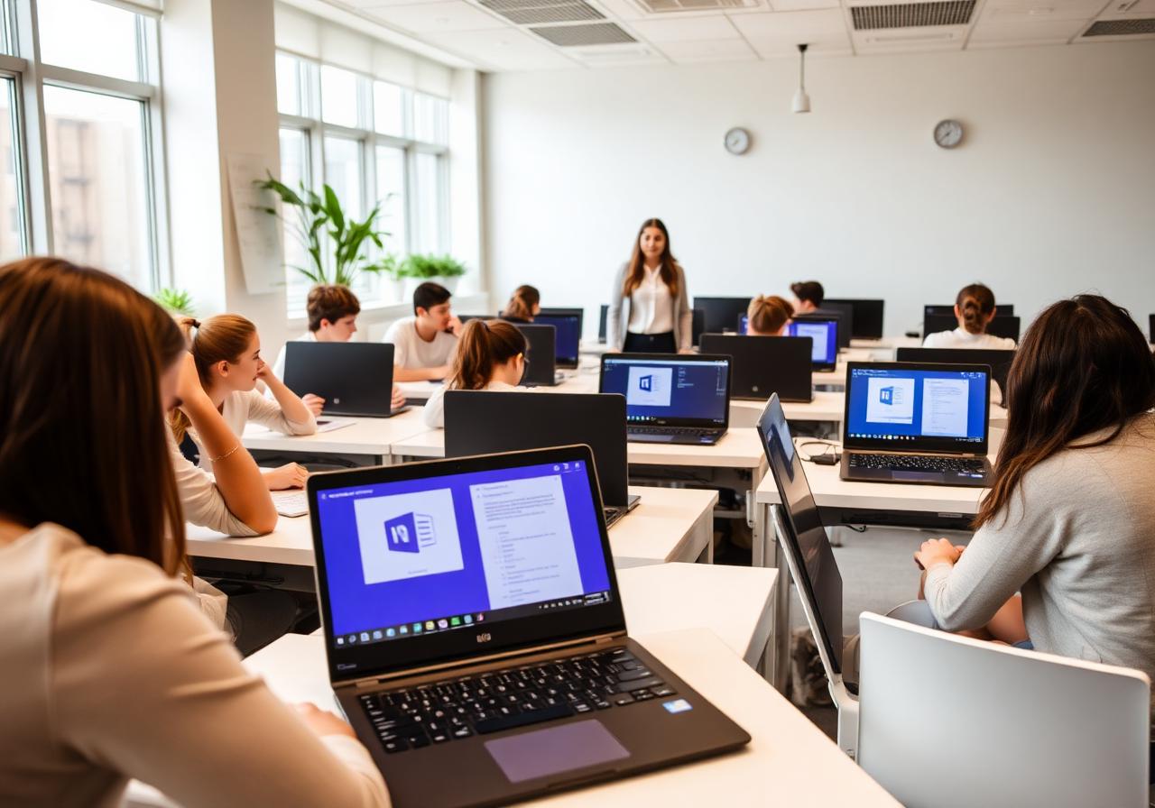Secondary students working on EDXIS M40 Windows laptops with Microsoft Teams and Word on screen