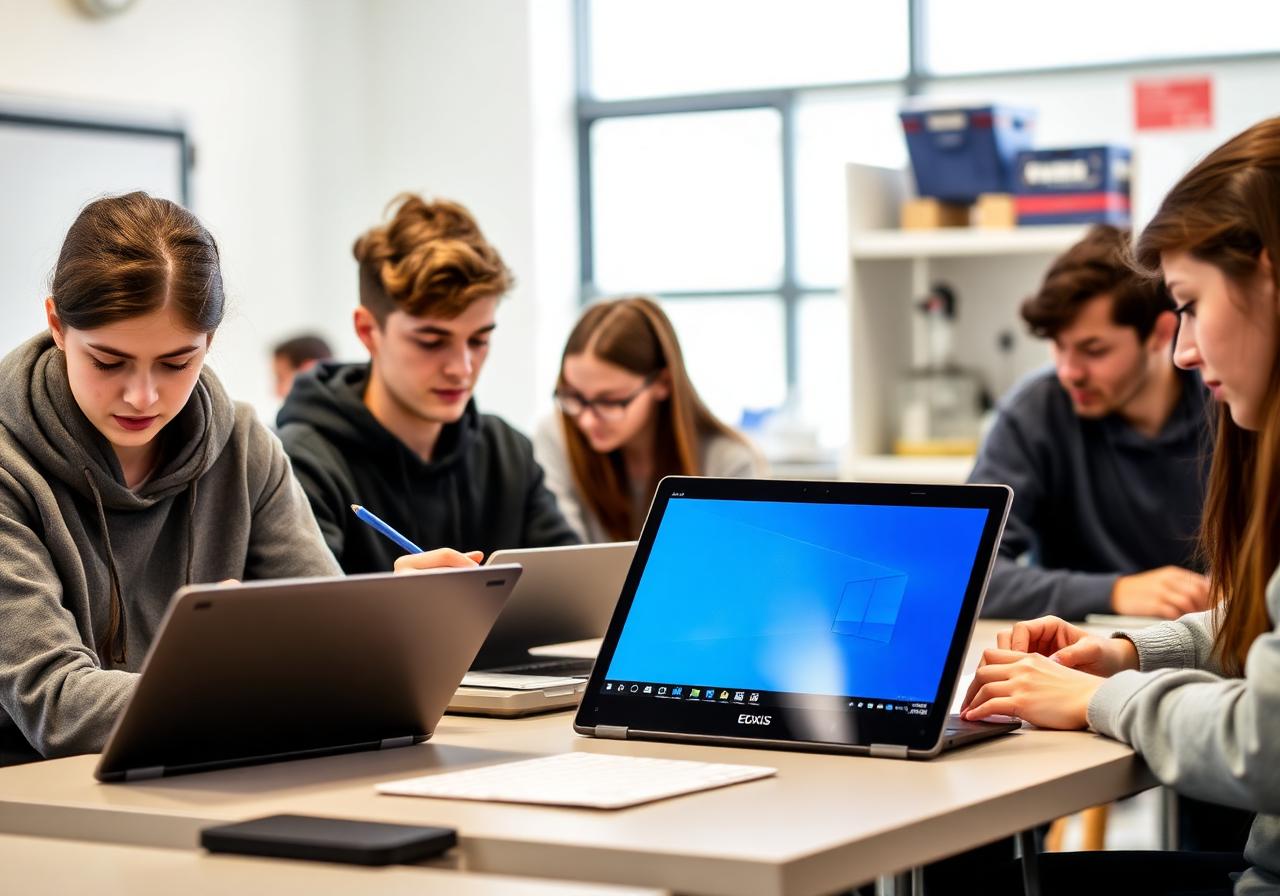 Upper-secondary students using EDXIS M40x convertible 2-in-1 Windows laptops with stylus in a STEM classroom