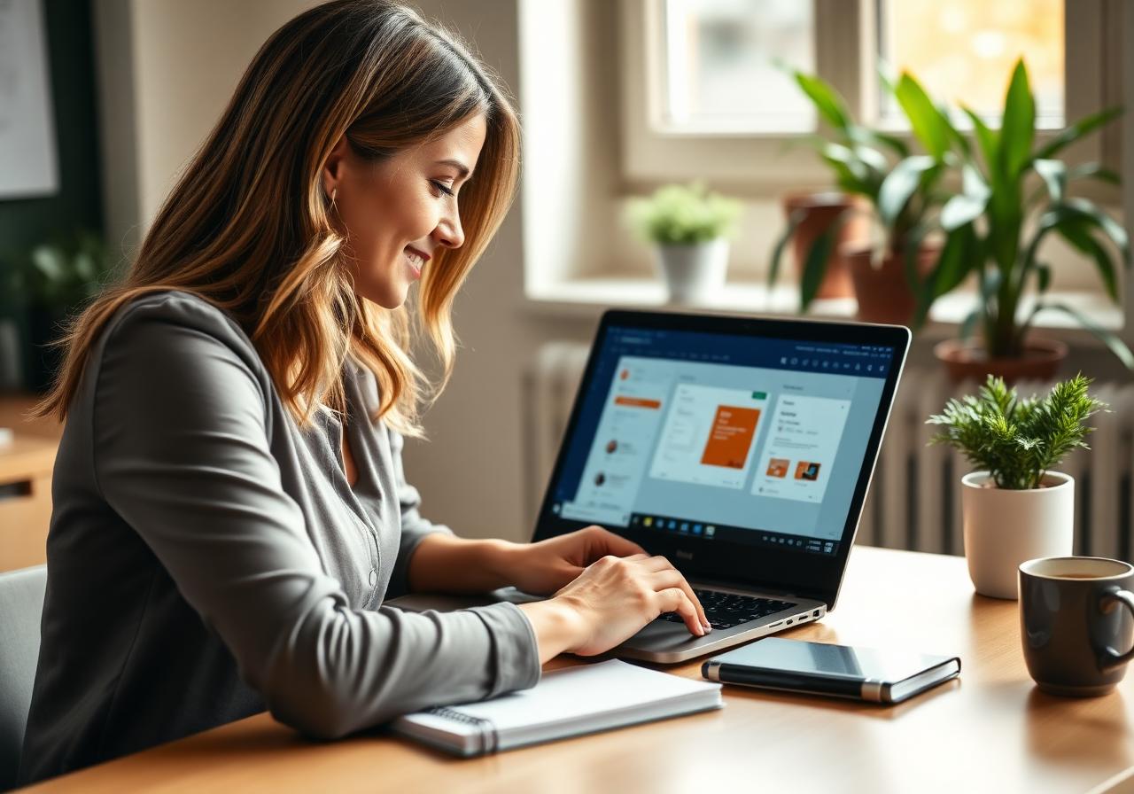 Teacher using a premium EDXIS Premier Windows laptop with Microsoft Teams and PowerPoint open at a tidy desk