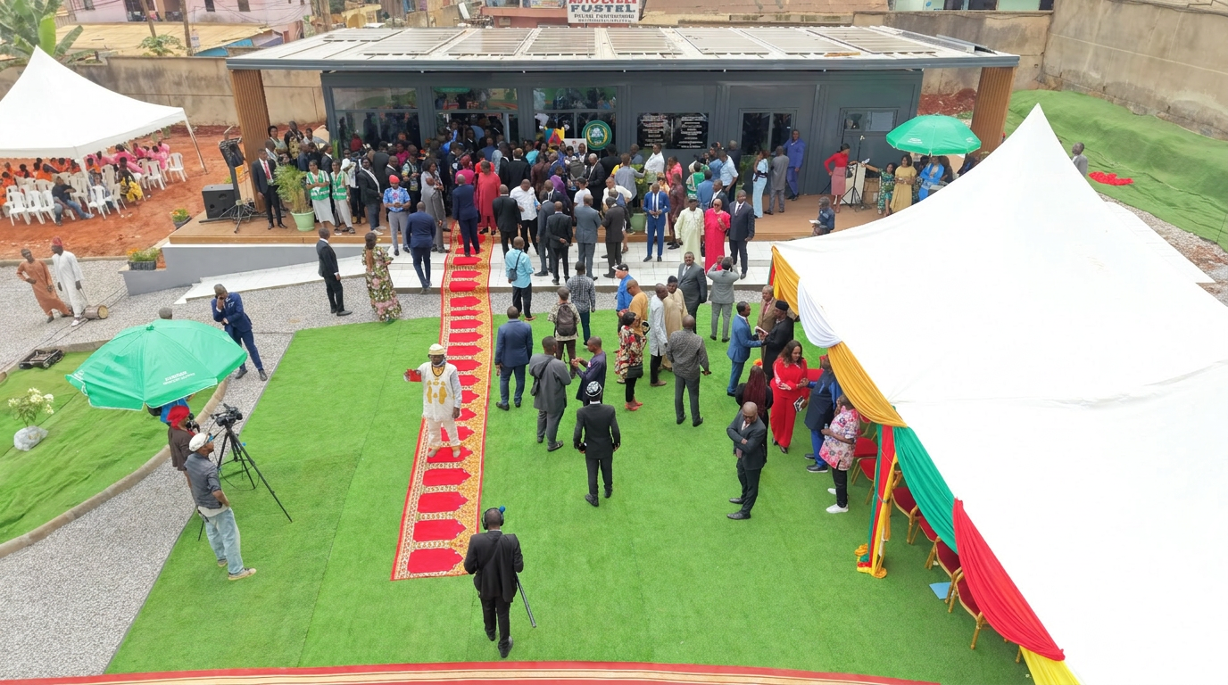Inauguration ceremony of a MINESEC intelligent classroom in Cameroon, with officials gathered in front of the new solar-powered classroom unit.