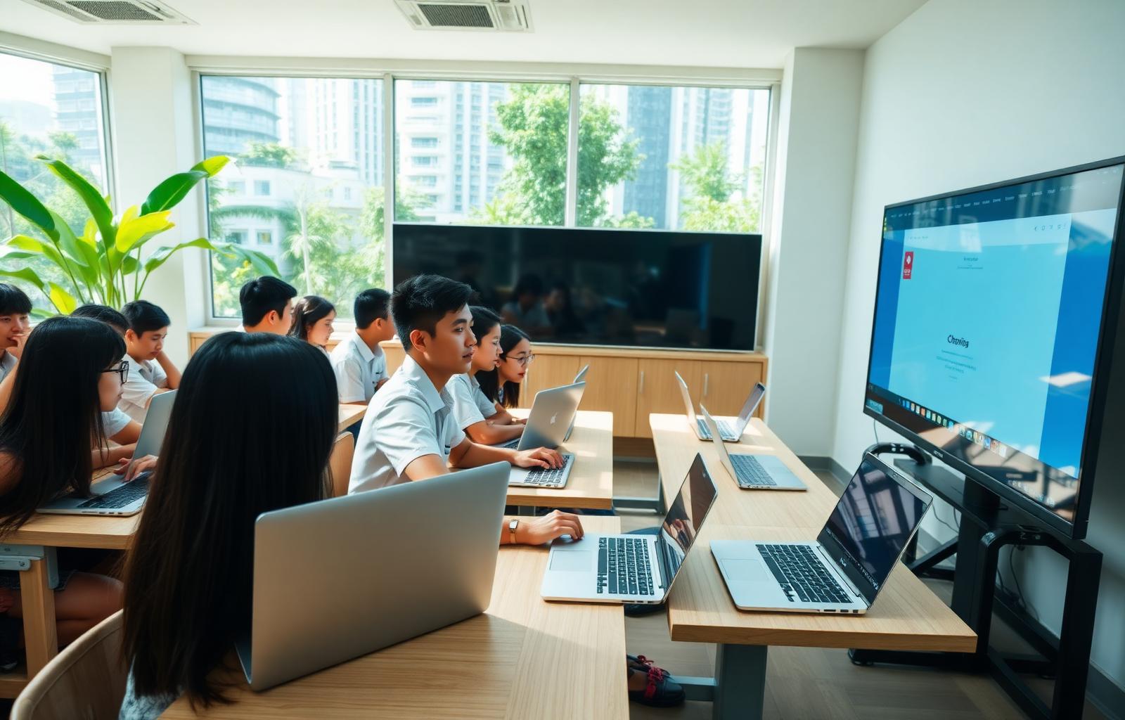 Singapore secondary classroom with students using Chromebooks and a smart interactive display